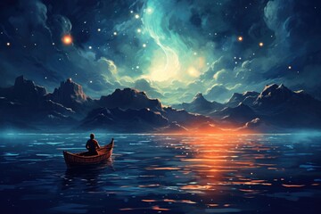 night scenery of a man rowing a boat - obrazy, fototapety, plakaty
