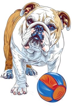 English bulldog with a toy ball. on a white background. illustration