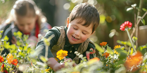 Kids with Down syndrome planting flowers in a community garden. Learning Disability