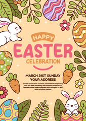 Happy easter vector poster template with colorful eggs, bunny, and flowers