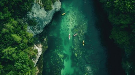 A group of kayakers navigating a river that winds through a deep, forested gorge, with rapids and clear, green water. 8k