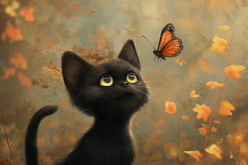 Kleine schwarze Katze schaut auf ein Schmetterling - obrazy, fototapety, plakaty