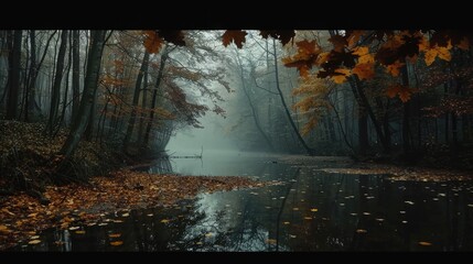 A dense canopy of autumn leaves barely lets light through to the dark, mist-filled swamp below