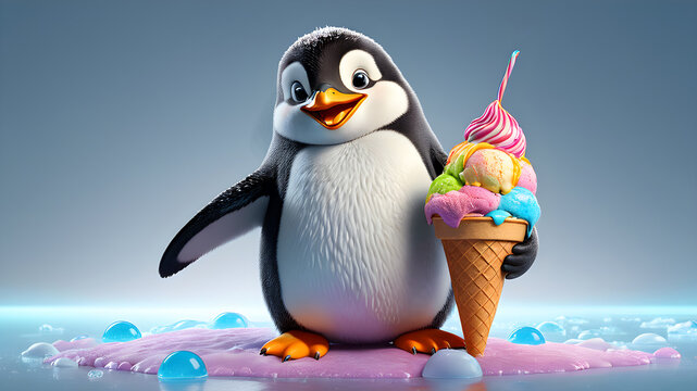 cheerful penguin with colorful ice cream	