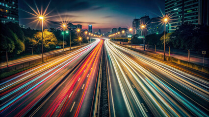 City Road Lights: Abstract Nighttime Highway Traffic with Motion Blur Effect
