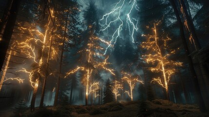 A dense, dark forest with towering trees, with lightning strikes creating a network of light that momentarily reveals the forest's mysterious depths. 8k