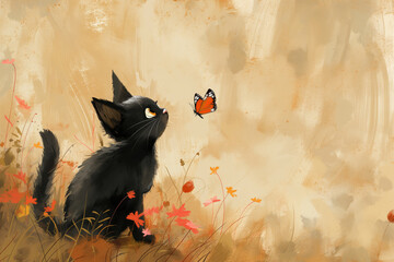 Kleine schwarze Katze schaut auf ein Schmetterling - obrazy, fototapety, plakaty