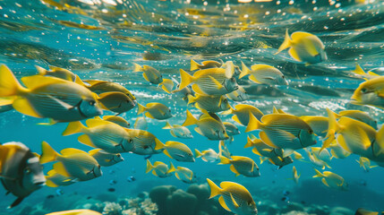 vue sous-marine d'un ban de poissons exotique dans les eaux peu profonde de la barrière de corail - obrazy, fototapety, plakaty