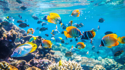 Naklejka na ściany i meble vue sous-marine d'un ban de poissons exotique dans les eaux peu profonde de la barrière de corail