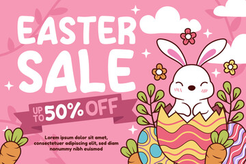 Happy easter sale vector template with colorful eggs, bunny, and flowers