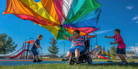 Kids, Down syndrome, Playing, Colorful parachute, Playground, Disability, Inclusion, Special needs, Fun, Joy, Outdoor activity, Social interaction, Coordination, Adaptation, Support, Empowerment, Coop - obrazy, fototapety, plakaty