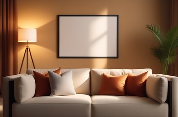 Mockup empty, horizontal blank poster frame on wall in modern living room for your design 