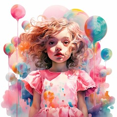 Fototapeta premium A little girl in a pink dress on a background of balloons in a watercolor style close-up. Hight emotional illustration
