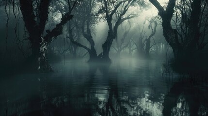 An atmosphere of mystery and foreboding permeates a dark swamp shrouded in dense fog in the middle of autumn, as twisted, leafless trees cast unsettling shadows on the murky water.  - obrazy, fototapety, plakaty