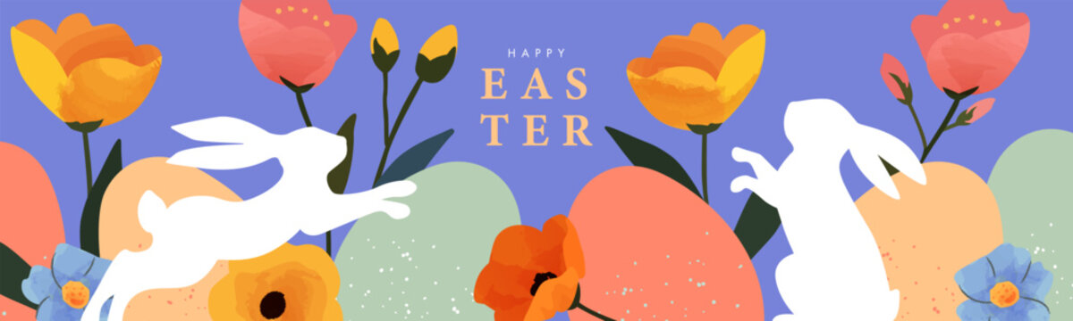 Happy Easter banner. Trendy and bright Easter design with border frame made of eggs, easter bunny and spring flowers in pastel colors. Modern art style. Horizontal poster, greeting card, web header