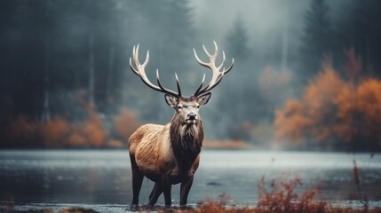 Majestic deer in serene forest setting with defocused background and copy space for text