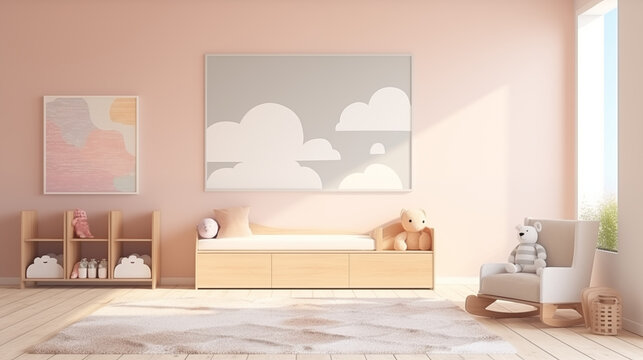 Fototapeta Różowy przytulny pokój dziecka w stylu boho - mockup obraz na ścianie. jasne kolory wnętrza. Render 3d. Wizualizacja