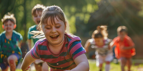 Kids with Down syndrome playing a game of tag in the park. Learning Disability
