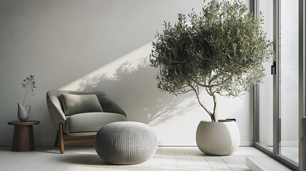 Grey armchair, knitted pouf and olive tree in light living room, 