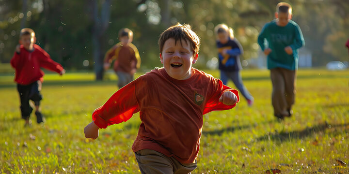 Kids with Down syndrome playing a game of tag in the park. Learning Disability