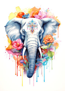 watercolor drawing of an elephant with floral flower