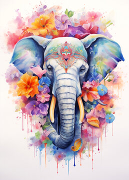 watercolor drawing of an elephant with floral flower