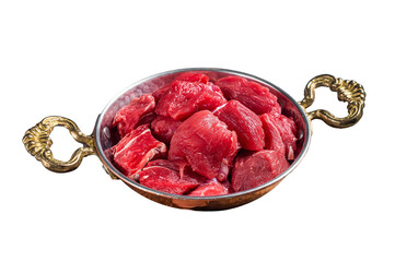 Uncooked Raw diced beef veal meat for stew in skillet.  Isolated, Transparent background. - obrazy, fototapety, plakaty