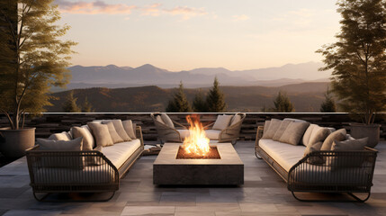 Fire pit and furniture on modern luxury mountain. - obrazy, fototapety, plakaty