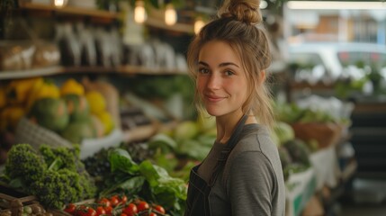 Smiling young woman shopping for fresh vegetables in sustainable grocery store, supporting local farmers, eco-friendly choices
