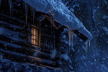 A detailed image of a rustic log cabin with snow piled high on the roof 