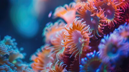 Naklejka na ściany i meble A detailed image focusing on the delicate patterns and vibrant colors of coral polyps in full bloom, with tiny reef fish and other marine life visible in the background