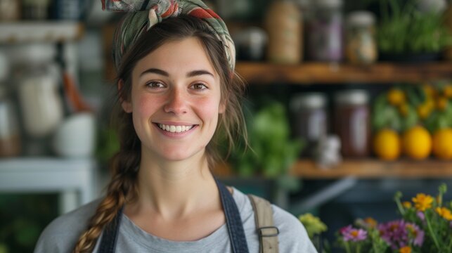 Portrait of cheerful female entrepreneur in apron at local organic produce shop, promoting healthy lifestyle and sustainable living
