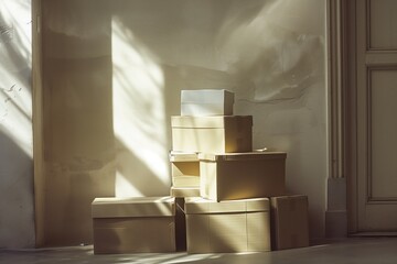 Stack of cardboard boxes in sunlight, concept of moving day and new beginnings in a home interior, relocation and packing up
