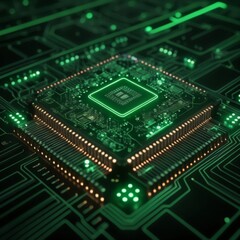 Illuminated green microchip on a circuit board, electronics concept.

