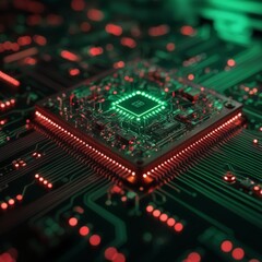 Obraz premium Microchip with red and green lights on a detailed circuit board. 