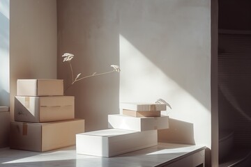 Minimalistic moving scene with cardboard boxes in soft sunlight, elegant shadow play in a modern home setting, tranquility in change

