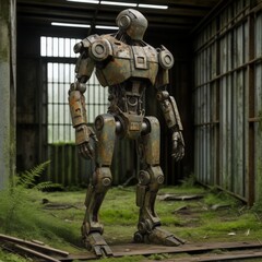 Rusty robot standing in an abandoned factory
