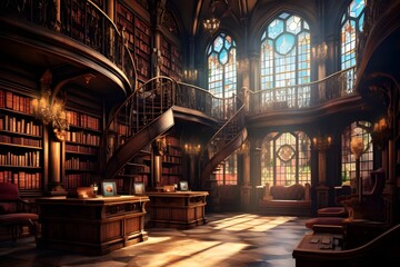 A historic library with wooden bookshelves, leather-bound books, and stained glass windows.

