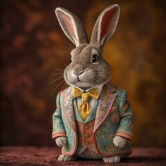 Rabbit in vintage suit with yellow bow tie and textured backdrop
