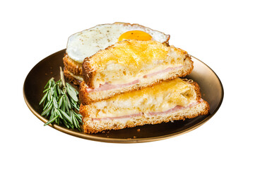 Croque monsieur and croque madame sandwiches with sliced ham, melted emmental cheese and egg, French toasts.  Isolated, Transparent background.