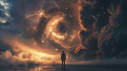 A lone traveler standing on an open plain, looking up at a sky filled with dark, swirling clouds and intense lightning, symbolizing a personal encounter with divine wrath. 8k
