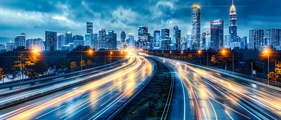 Obraz premium City Traffic at Night, High-Speed Highway Movement, Urban Transportation, Modern Cityscape Lights