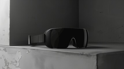 Sleek virtual reality headset resting on a modern concrete countertop, embodying cutting-edge technology in a minimalist setting.
