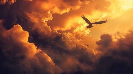 A dramatic cloudscape at sunset, illuminated in shades of gold and orange, with a hawk soaring amidst the clouds. 8k