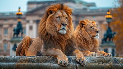 Photograph of two lions perched powerfully on a stone fence, overlooking a classical building in the background Concept: wildlife, leadership, family values, and as a decorative element or visual acce - obrazy, fototapety, plakaty