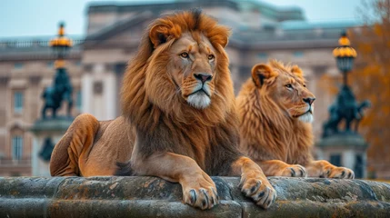 Foto op Canvas Photograph of two lions perched powerfully on a stone fence, overlooking a classical building in the background Concept: wildlife, leadership, family values, and as a decorative element or visual acce © Kostya