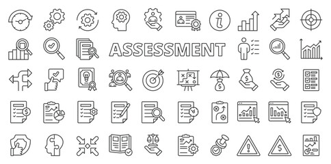 Assessment icons in line design. Assessment, data, analysis, compare, plan, analysis, testing, report, management isolated on white background vector. Assessment editable stroke icons.