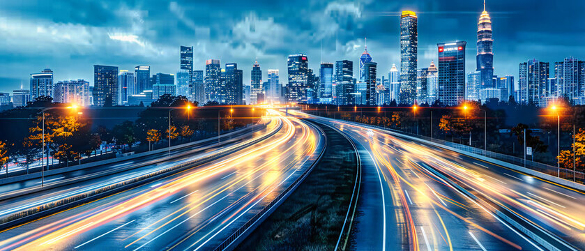 City Traffic at Night, High-Speed Highway Movement, Urban Transportation, Modern Cityscape Lights