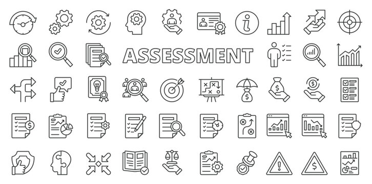 Assessment icons in line design. Assessment, data, analysis, compare, plan, analysis, testing, report, management isolated on white background vector. Assessment editable stroke icons.