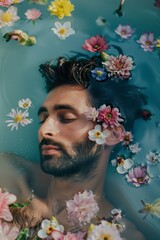 man in a bathtub with floating flowers men's beauty and wellness concept